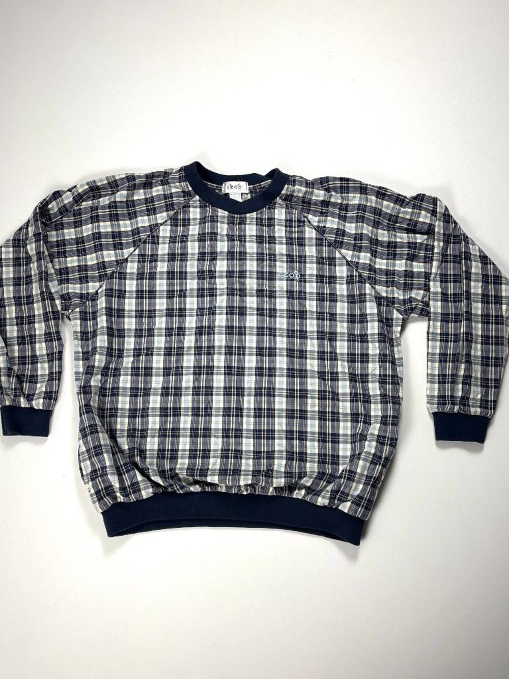 Vintage Izod Mens V Neck Windbreaker Pullover Jacket Blue Plaid Sz L Golf Cotton